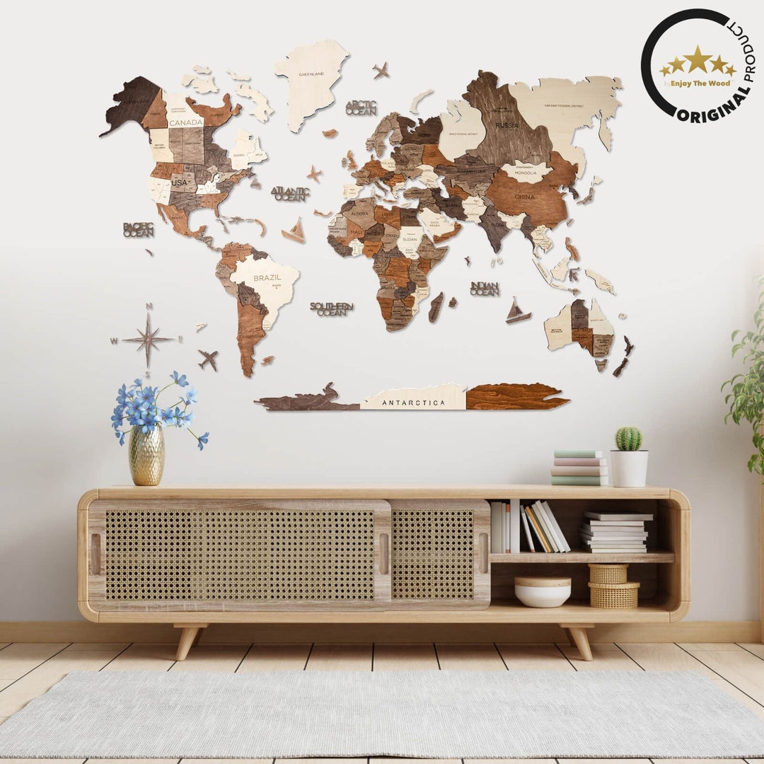 3D Wooden World Map, Multicolor