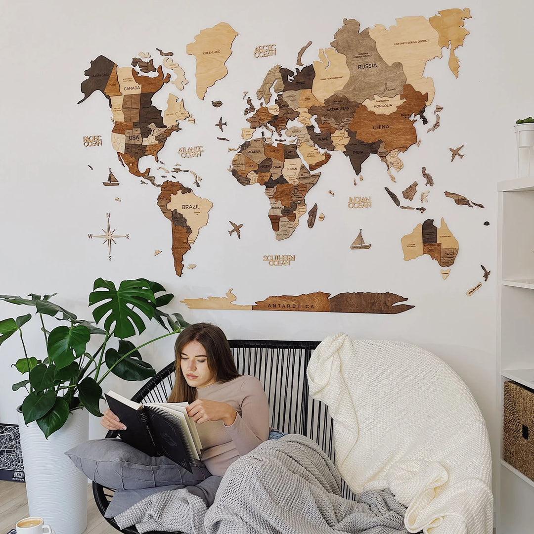 3D Wooden World Map, Multicolor
