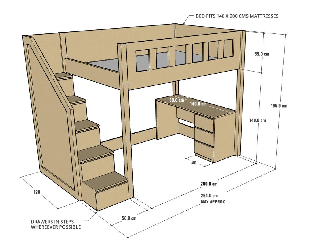 Allan Loft Bed with Study Desk, 140 x 200 cms