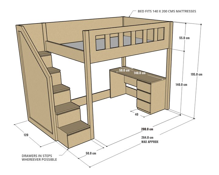 Allan Loft Bed with Study Desk, 140 x 200 cms
