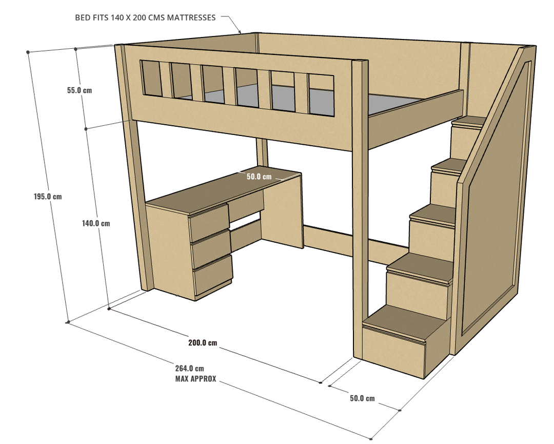 Allan Loft Bed with Study Desk, 140 x 200 cms