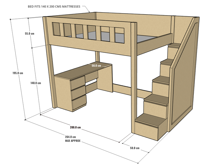 Allan Loft Bed with Study Desk, 140 x 200 cms