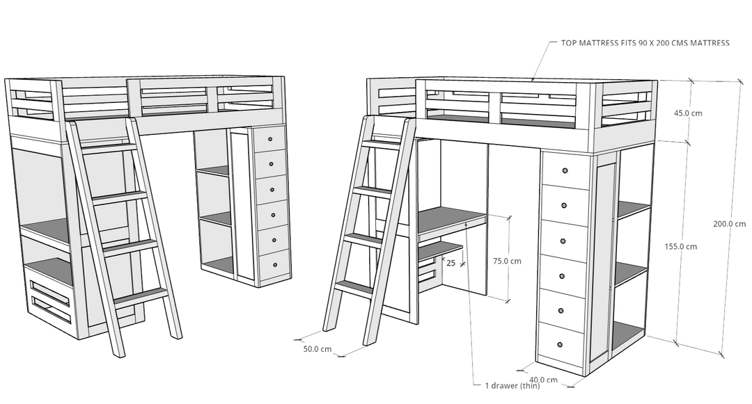 Reno Loft Bed with Desk & Storage