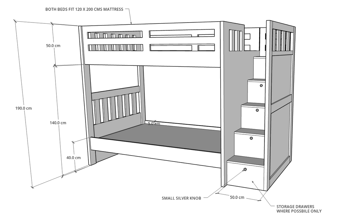 A white Pino Bunk Bed with staircase with drawers in a children's room setting, featuring a lower bed with multicolored bedding and a small storage space at the bottom.