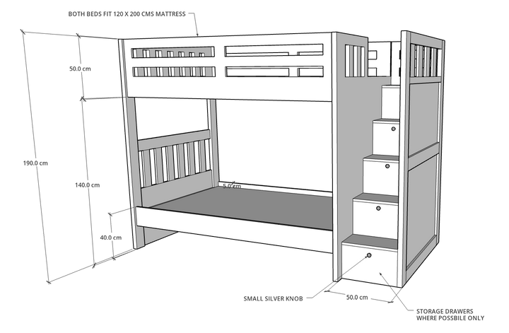 A white Pino Bunk Bed with staircase with drawers in a children's room setting, featuring a lower bed with multicolored bedding and a small storage space at the bottom.