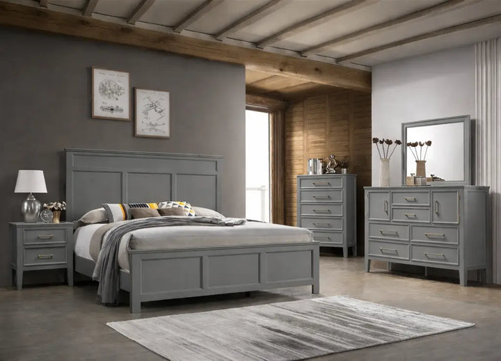 Neo Classic Bed with 2 side tables, dresser, mirror & chest of drawers