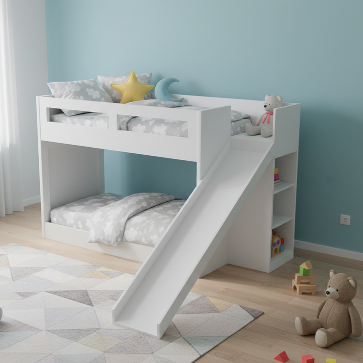 White children's bunk bed with slide in a room with blue walls and toys on the floor.