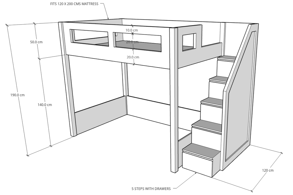 Elega Loft Bed, fits 120 x 200 cms Mattress