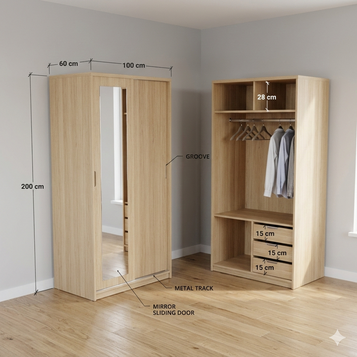 2 Door Sliding Door Wardrobe, 100 x 60 x 200 H cms, Custom Made