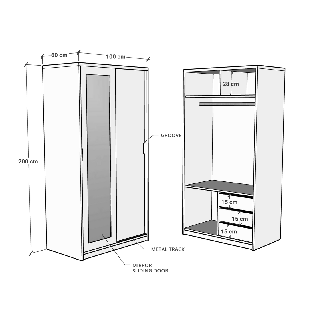 2 Door Sliding Door Wardrobe, 100 x 60 x 200 H cms, Custom Made
