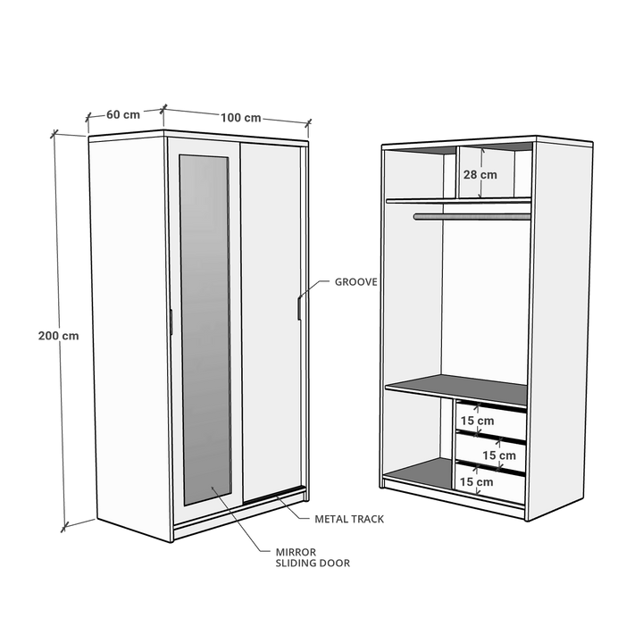 2 Door Sliding Door Wardrobe, 100 x 60 x 200 H cms, Custom Made