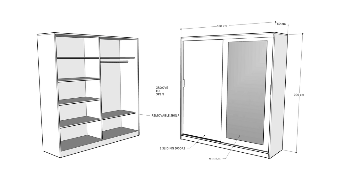 2 Door Sliding Door Wardrobe, 180 x 60 x 200 H cms, Custom Made