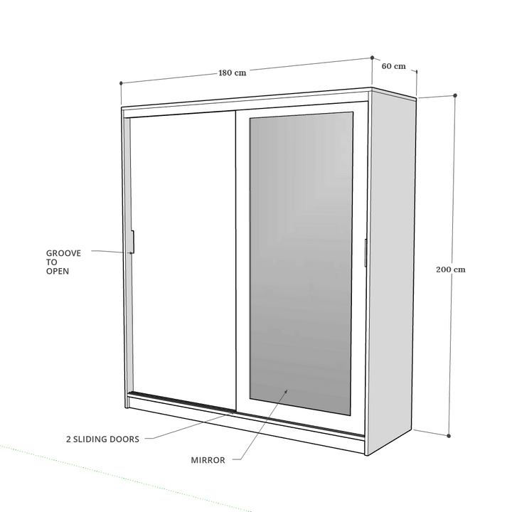 2 Door Sliding Door Wardrobe, 180 x 60 x 200 H cms, Custom Made