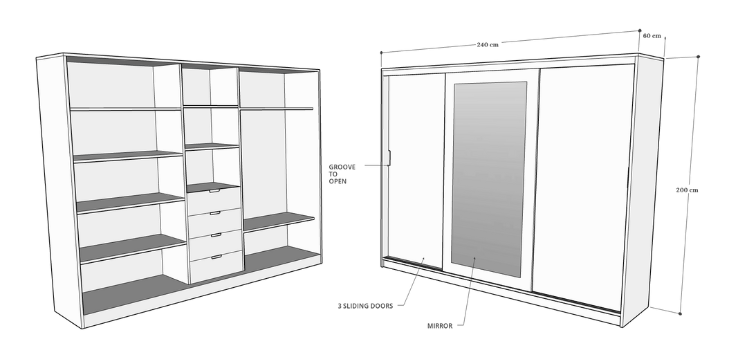 3 Door Sliding Door Wardrobe, 240 x 60 x 200 H cms, Custom Made