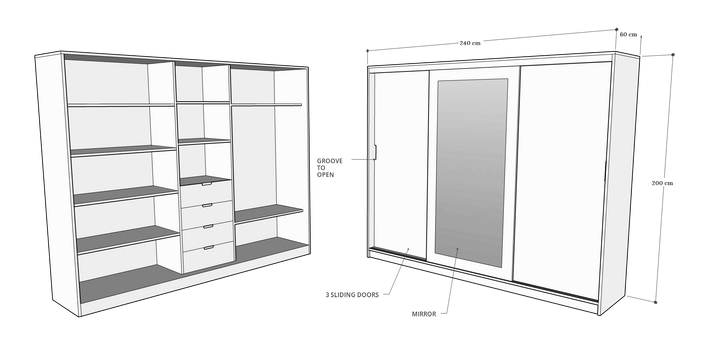 3 Door Sliding Door Wardrobe, 240 x 60 x 200 H cms, Custom Made