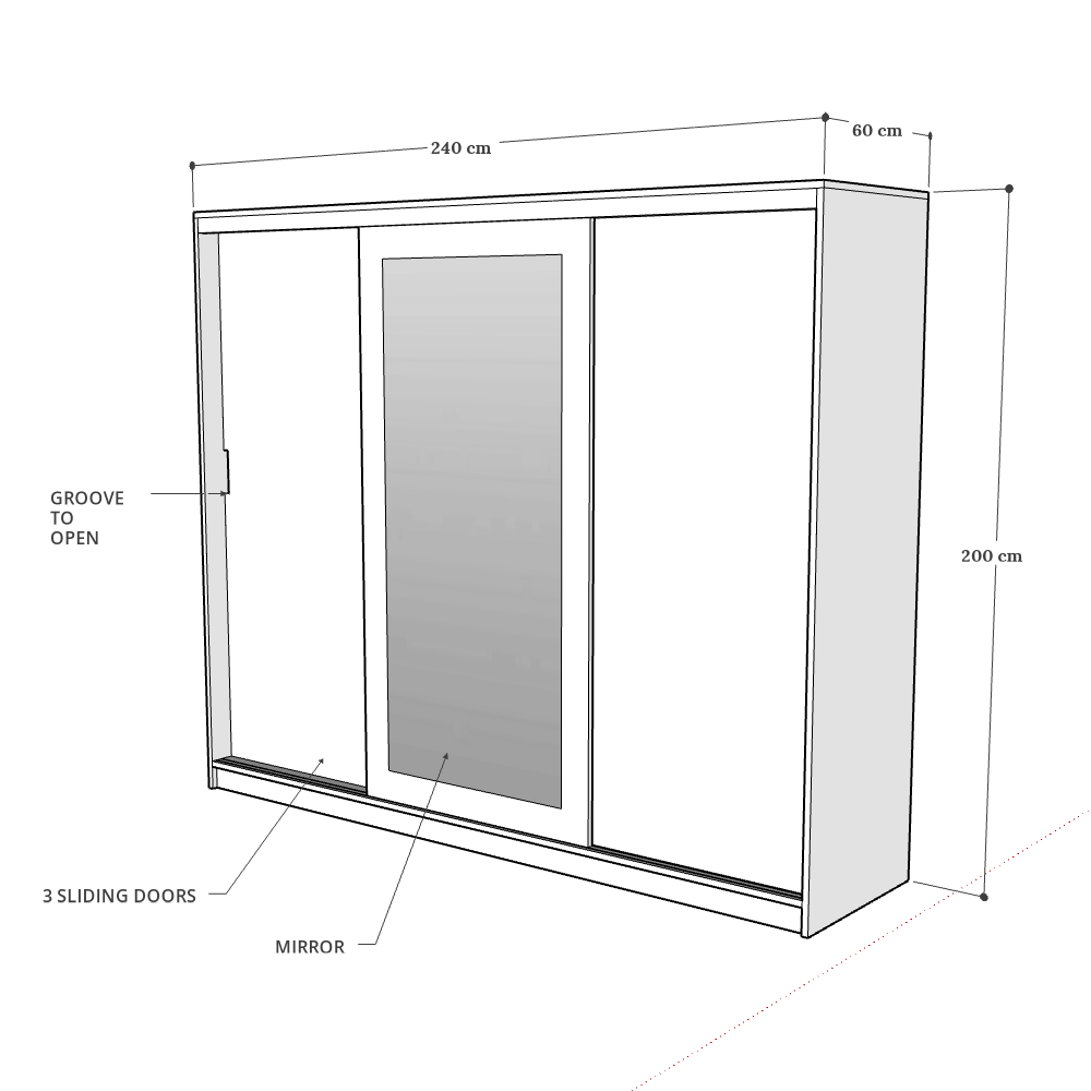 3 Door Sliding Door Wardrobe, 240 x 60 x 200 H cms, Custom Made