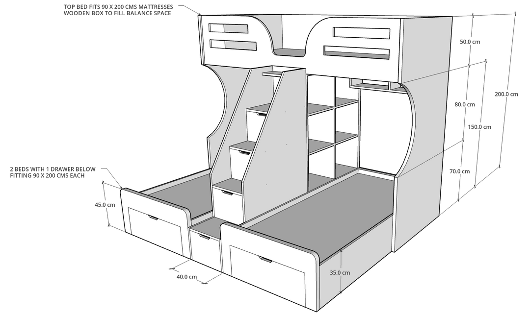 Ultra Bunk Bed with 3 Beds, Custom Made