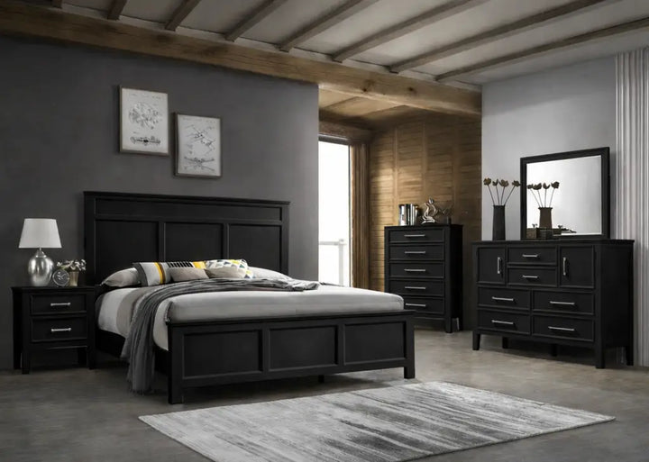 Neo Classic Bed with 2 side tables, dresser, mirror & chest of drawers