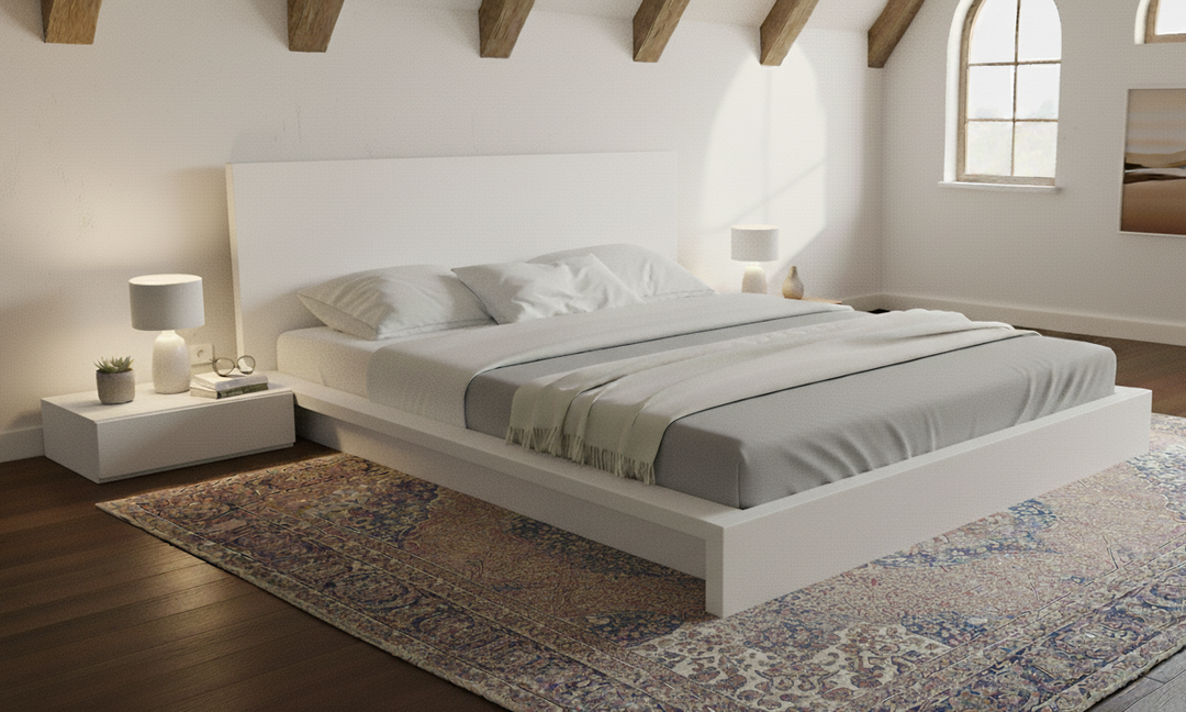 Modern japanese bedroom with a white bed, nightstands, and a large window.