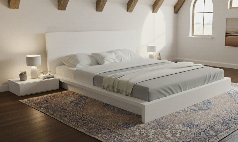 Modern japanese bedroom with a white bed, nightstands, and a large window.